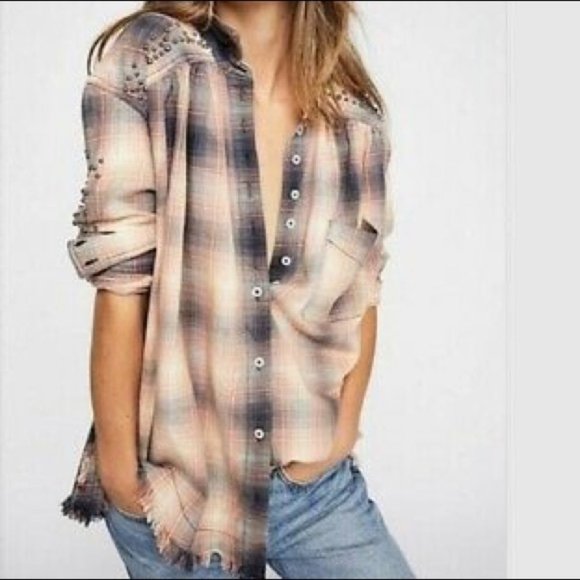 Free People Tops - Free People Orange/Blue Plaid Top